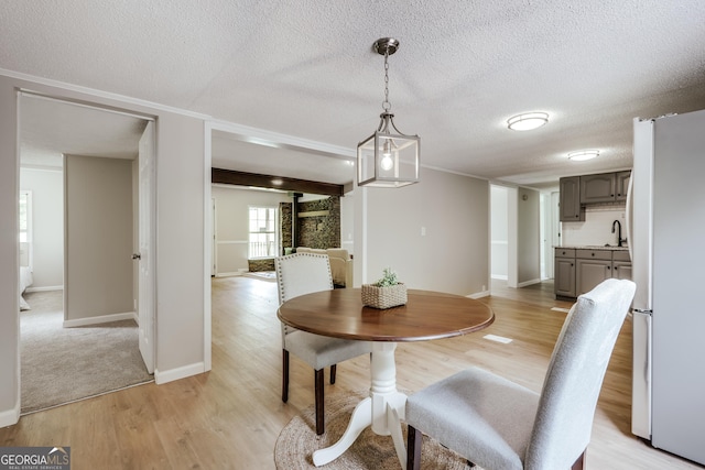 4419 New Kings Bridge Rd, Nicholson, GA 30565 - dining space with a textured ceiling, baseboards, light wood-type flooring, and ornamental molding