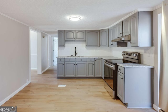 4419 New Kings Bridge Rd, Nicholson, GA 30565 - kitchen with electric stove, gray cabinetry, a sink, under cabinet range hood, and ornamental molding