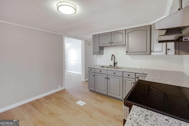 4419 New Kings Bridge Rd, Nicholson, GA 30565 - kitchen featuring a sink, gray cabinets, range with electric cooktop, under cabinet range hood, and a textured ceiling