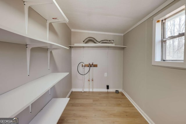 4419 New Kings Bridge Rd, Nicholson, GA 30565 - laundry room with washer hookup, light wood-style flooring, ornamental molding, and baseboards