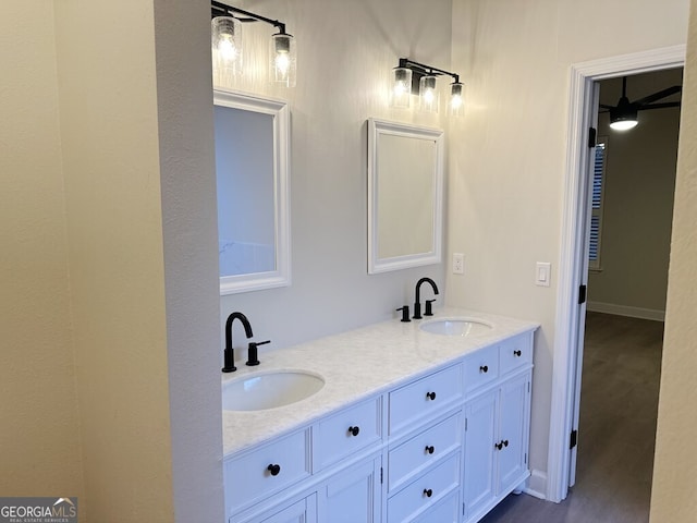 bathroom with hardwood / wood-style flooring and vanity