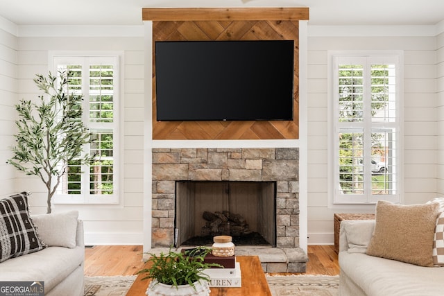 living room with hardwood / wood-style flooring, plenty of natural light, and a fireplace