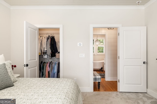 bedroom with a closet, carpet flooring, and ornamental molding