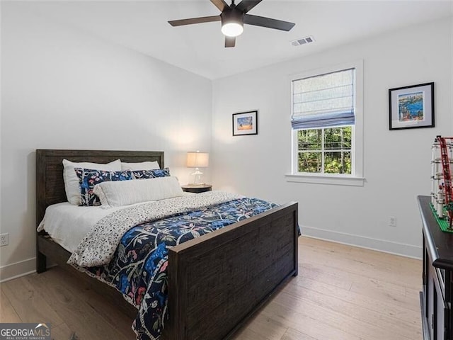 bedroom featuring light wood-type flooring and ceiling fan