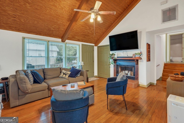 living room with hardwood / wood-style floors, beamed ceiling, ceiling fan, wooden ceiling, and high vaulted ceiling