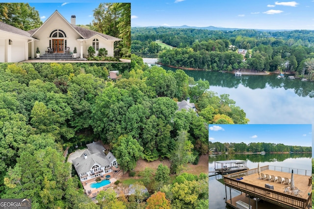 aerial view with a water view and a wooded view