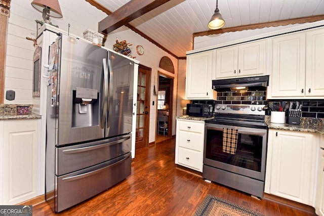 kitchen with decorative light fixtures, backsplash, appliances with stainless steel finishes, stone countertops, and dark hardwood / wood-style floors