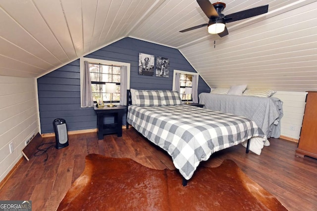 bedroom with hardwood / wood-style flooring, ceiling fan, vaulted ceiling, and wooden ceiling