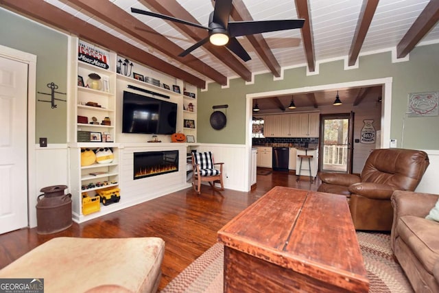 living room featuring wood ceiling, dark wood-type flooring, ceiling fan, and beam ceiling