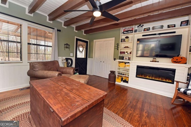 living room with ceiling fan, beamed ceiling, wooden ceiling, and dark hardwood / wood-style flooring