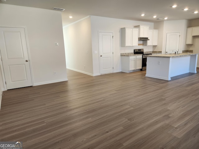 26 Russet Way Lot 61, Newnan, GA 30263 - kitchen featuring stainless steel electric range, open floor plan, dark wood-style flooring, recessed lighting, and white cabinetry
