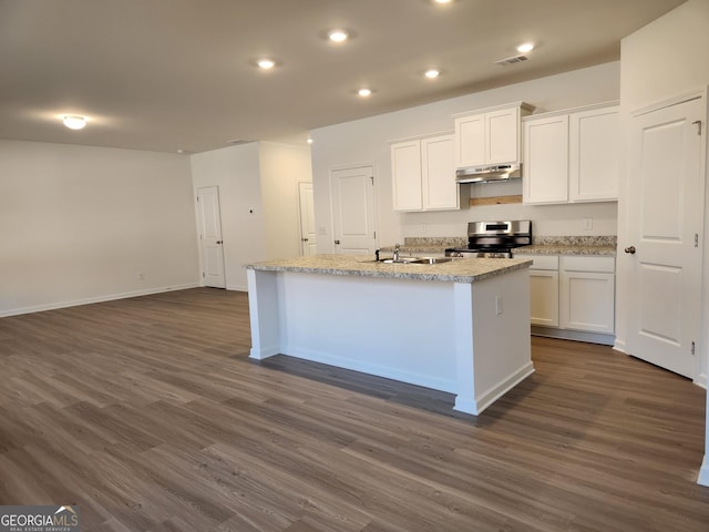26 Russet Way Lot 61, Newnan, GA 30263 - kitchen with under cabinet range hood, electric stove, dark wood-type flooring, white cabinets, and recessed lighting