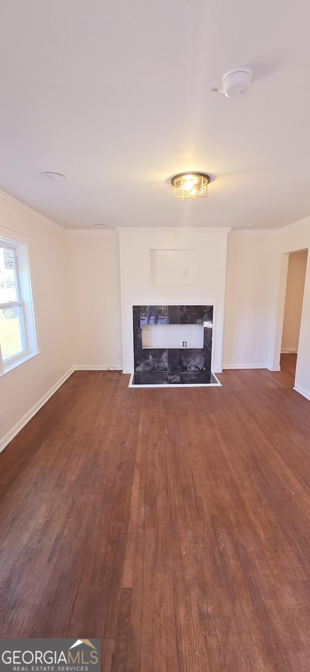 unfurnished living room featuring a premium fireplace and dark wood-type flooring