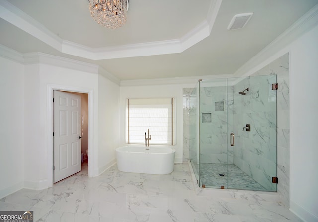 bathroom with ornamental molding, independent shower and bath, and a raised ceiling