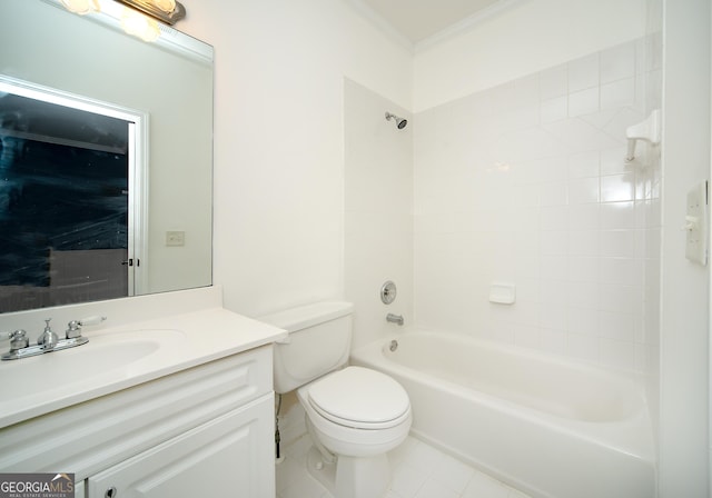 full bathroom with tile patterned flooring, tiled shower / bath, toilet, crown molding, and vanity