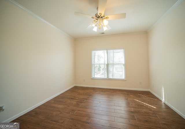 spare room featuring ceiling fan, dark hardwood / wood-style flooring, and ornamental molding