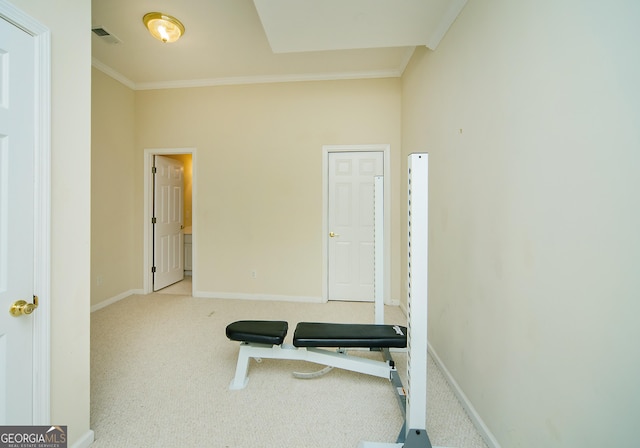 exercise area with carpet flooring and crown molding