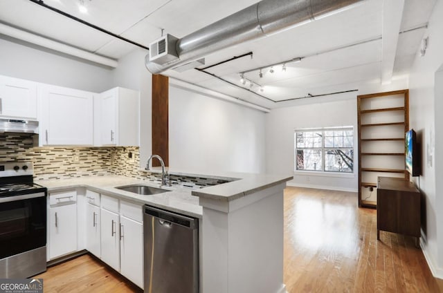 kitchen featuring sink, stainless steel appliances, kitchen peninsula, white cabinets, and decorative backsplash