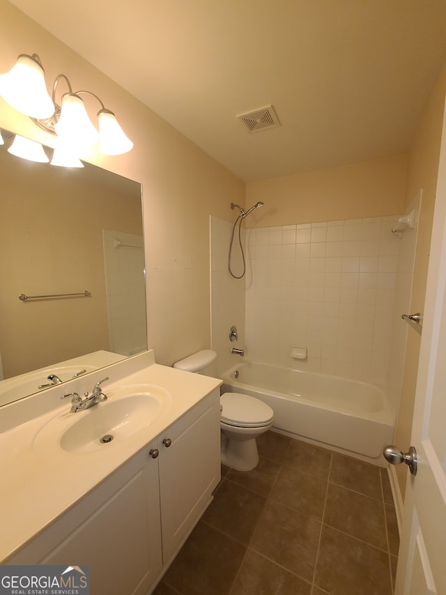 full bathroom with tile patterned flooring, toilet, vanity, bathing tub / shower combination, and visible vents