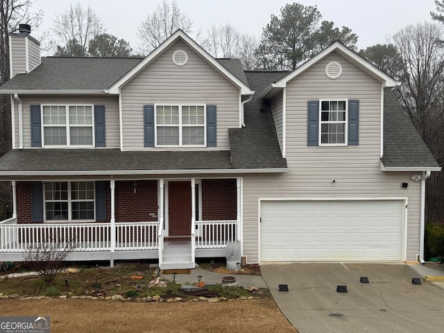 view of front of house featuring a porch and a garage