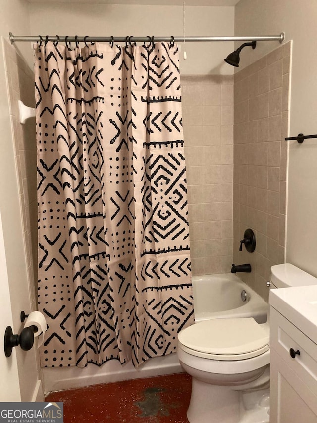 full bathroom featuring shower / tub combo, toilet, and vanity