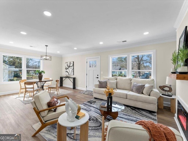 living room with a notable chandelier, ornamental molding, and wood-type flooring