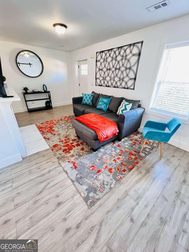 living room with light hardwood / wood-style flooring