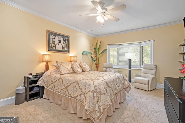 bedroom featuring ceiling fan, ornamental molding, baseboards, and light carpet