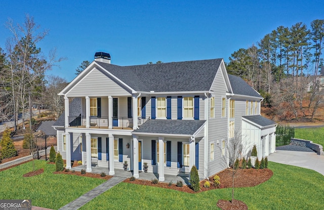 view of front facade featuring covered porch, a garage, a balcony, and a front lawn