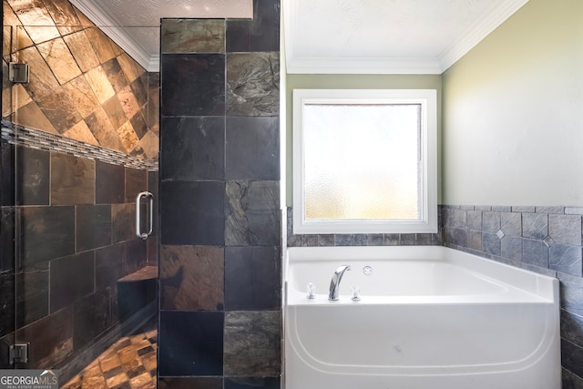 bathroom with separate shower and tub, tile walls, and crown molding