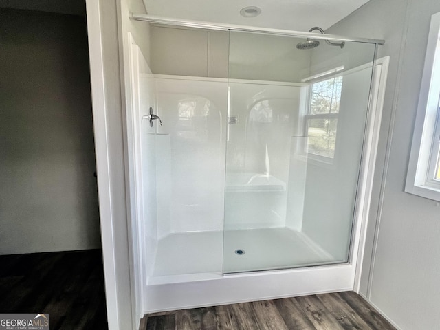 bathroom with hardwood / wood-style flooring and a shower with shower door