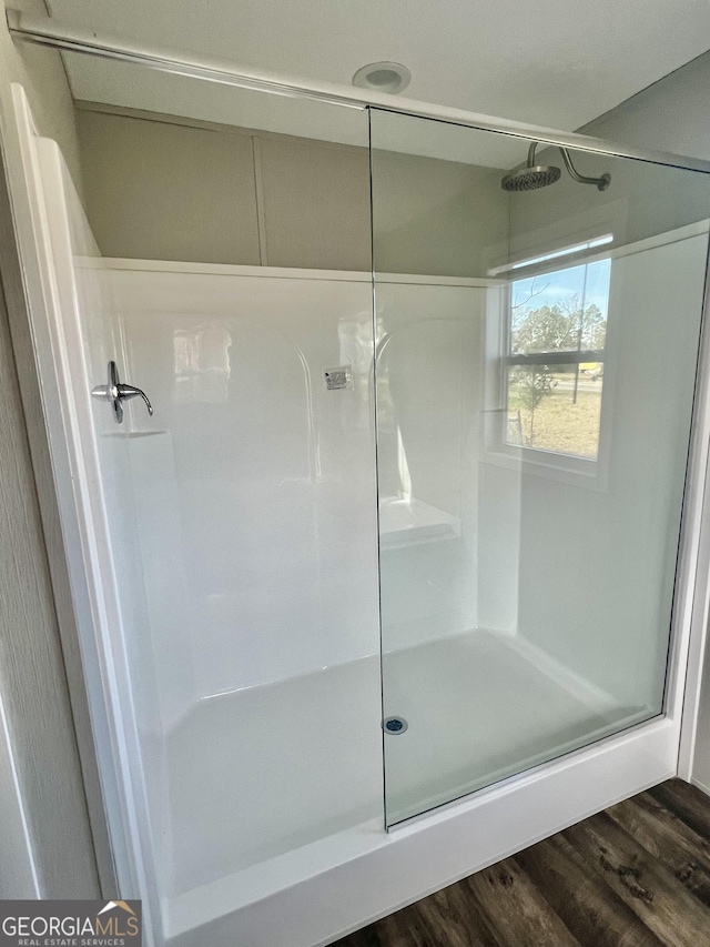 bathroom with a shower and wood-type flooring