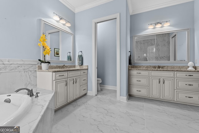 bathroom featuring toilet, vanity, crown molding, and a bathtub