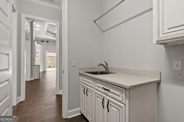 interior space featuring sink, crown molding, and dark hardwood / wood-style flooring