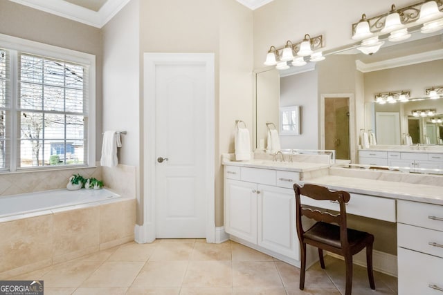 bathroom with vanity, independent shower and bath, crown molding, and tile patterned floors