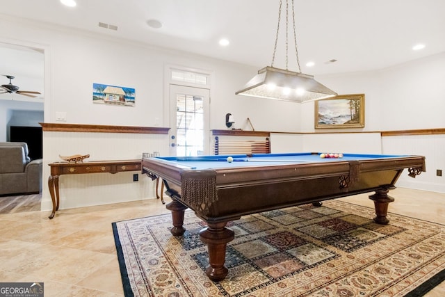 recreation room featuring ceiling fan, ornamental molding, and pool table