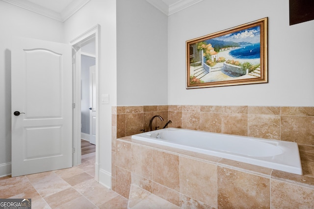 bathroom with tiled bath and crown molding