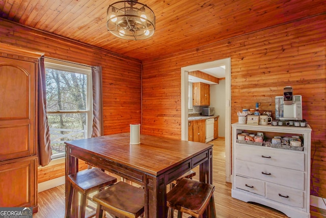 dining area featuring wooden ceiling, light wood finished floors, and a chandelier