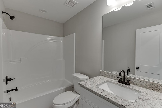 full bath featuring toilet, shower / washtub combination, vanity, and visible vents