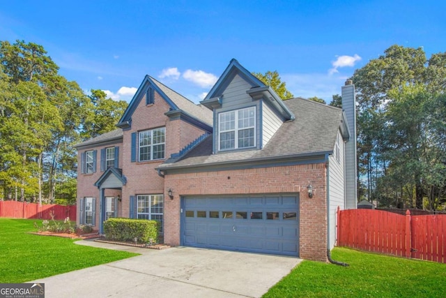 view of front of home featuring a front yard and a garage