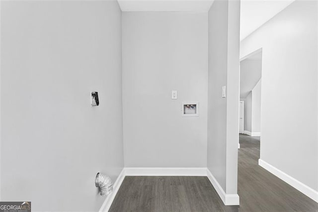 laundry room with washer hookup, baseboards, and dark wood-type flooring