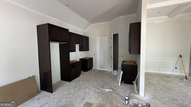 kitchen with lofted ceiling and dark brown cabinets