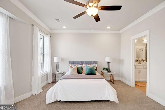 bedroom with baseboards, visible vents, light colored carpet, ornamental molding, and recessed lighting