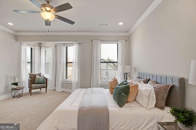 bedroom featuring light carpet, baseboards, visible vents, ornamental molding, and recessed lighting