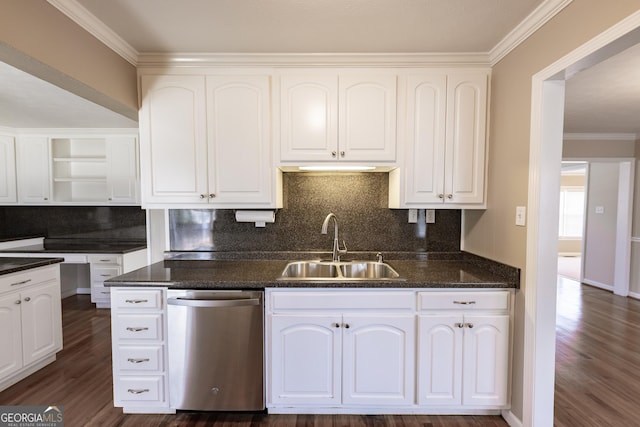 kitchen with backsplash, dark wood-type flooring, white cabinets, a sink, and dishwasher