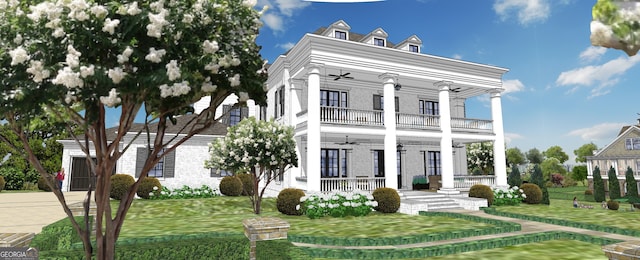 neoclassical home with a porch, a balcony, and a front yard