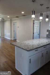 kitchen with light stone counters, dark wood finished floors, and decorative light fixtures