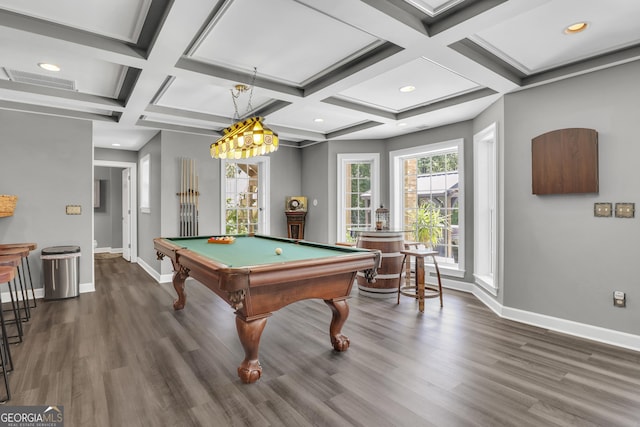 playroom featuring beamed ceiling, coffered ceiling, billiards, and dark wood-type flooring