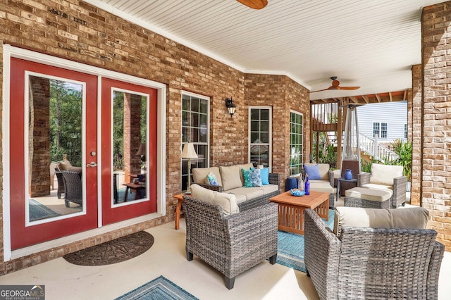 view of patio / terrace featuring ceiling fan, outdoor lounge area, and french doors