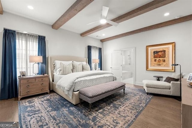 bedroom with recessed lighting, ensuite bathroom, a ceiling fan, wood finished floors, and beamed ceiling